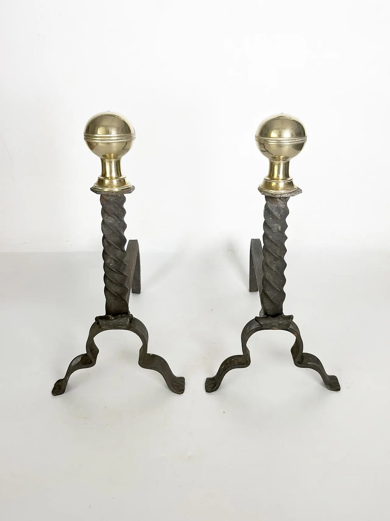 Pair of andirons in cast iron and brass, black and gold, 1960s 2