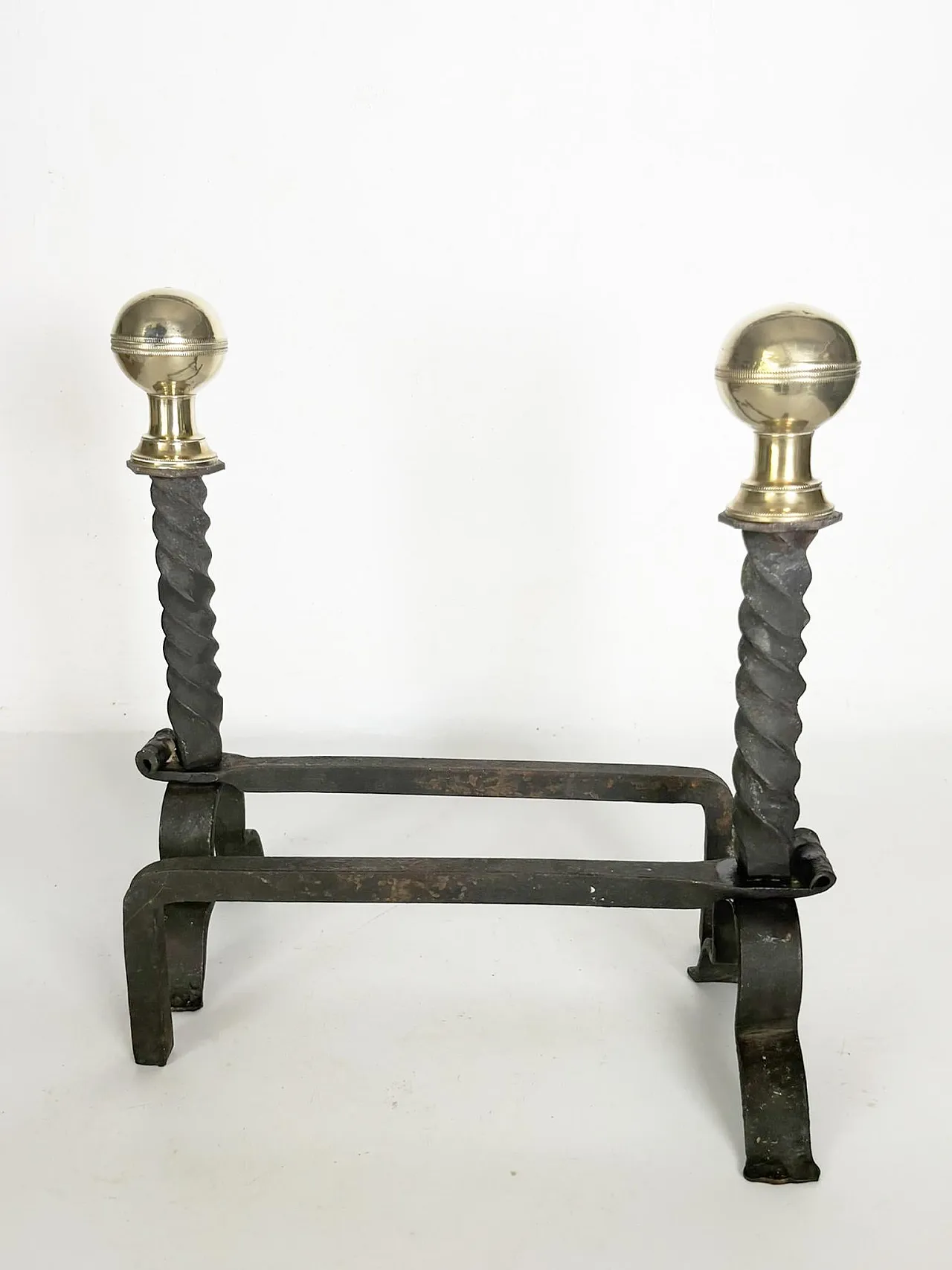 Pair of andirons in cast iron and brass, black and gold, 1960s 11