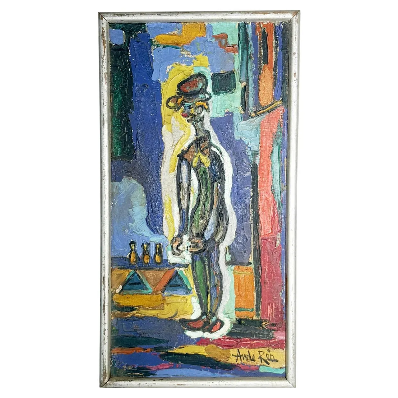 Dipinto raffigurante un uomo in piedi o un clown, olio su tela, '900 1
