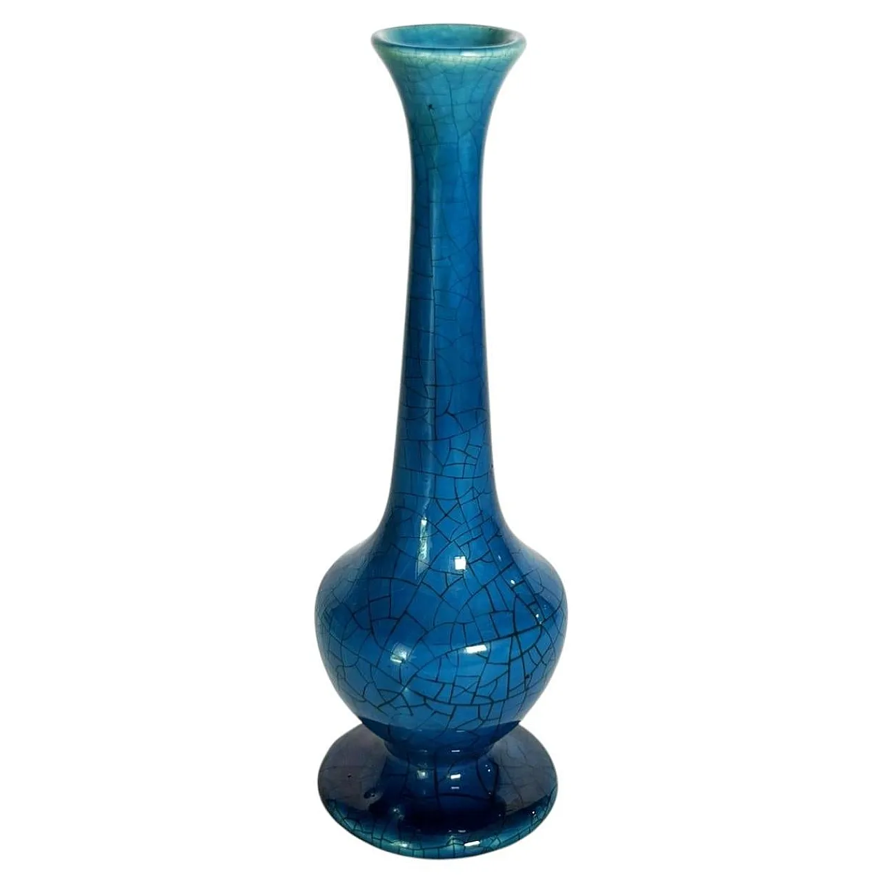 Vaso in ceramica blu craquelé, anni '60 1