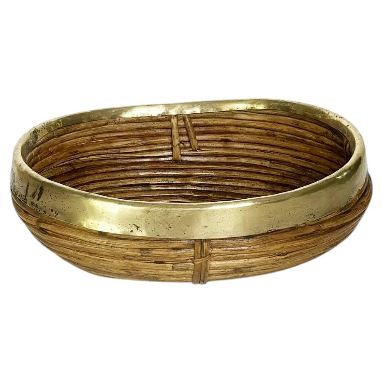 Cestino in giunco e ottone, stile Costa Azzurra, anni '50 1