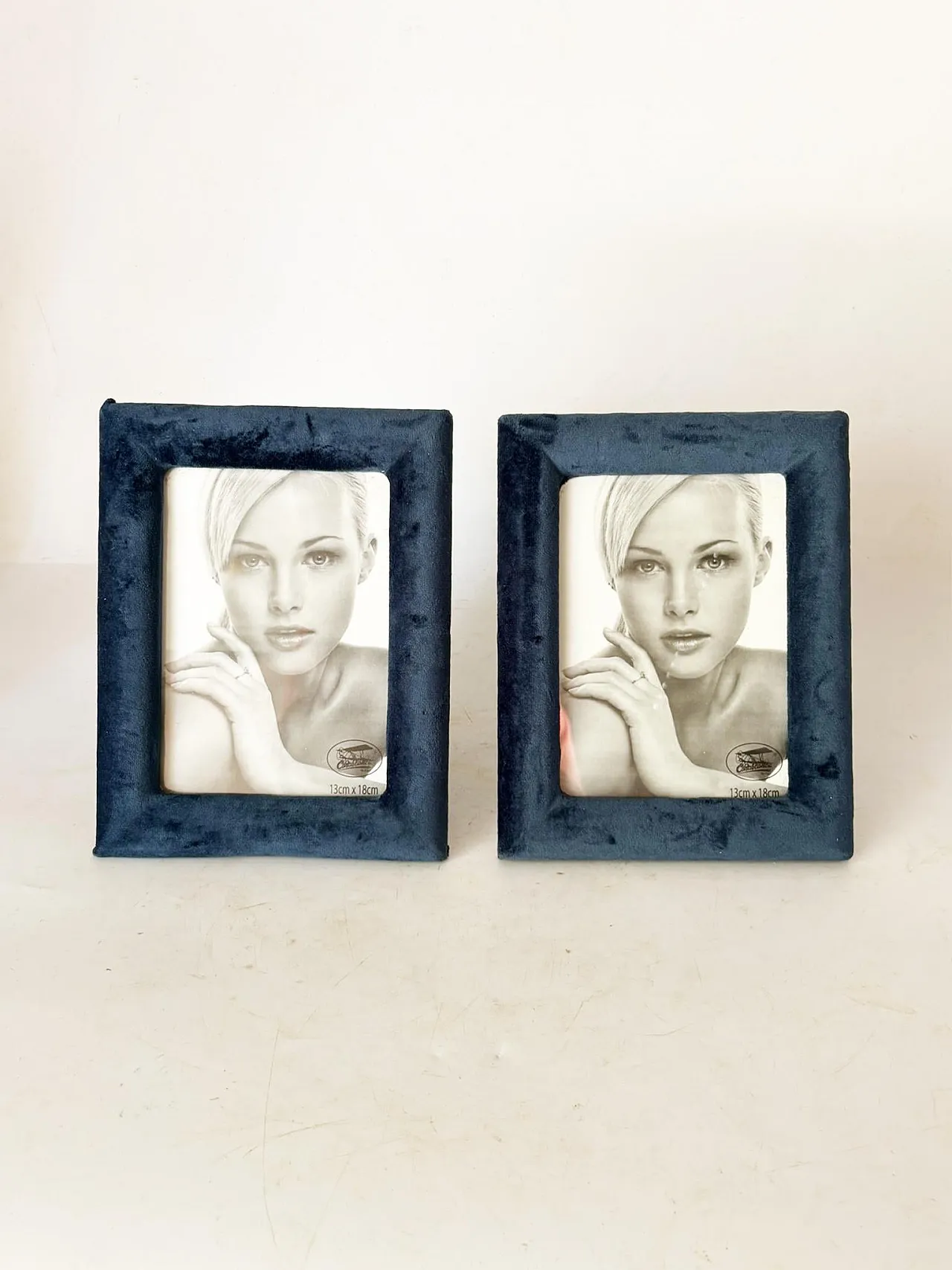 Pair of blue velvet and glass frames, 1990s 2