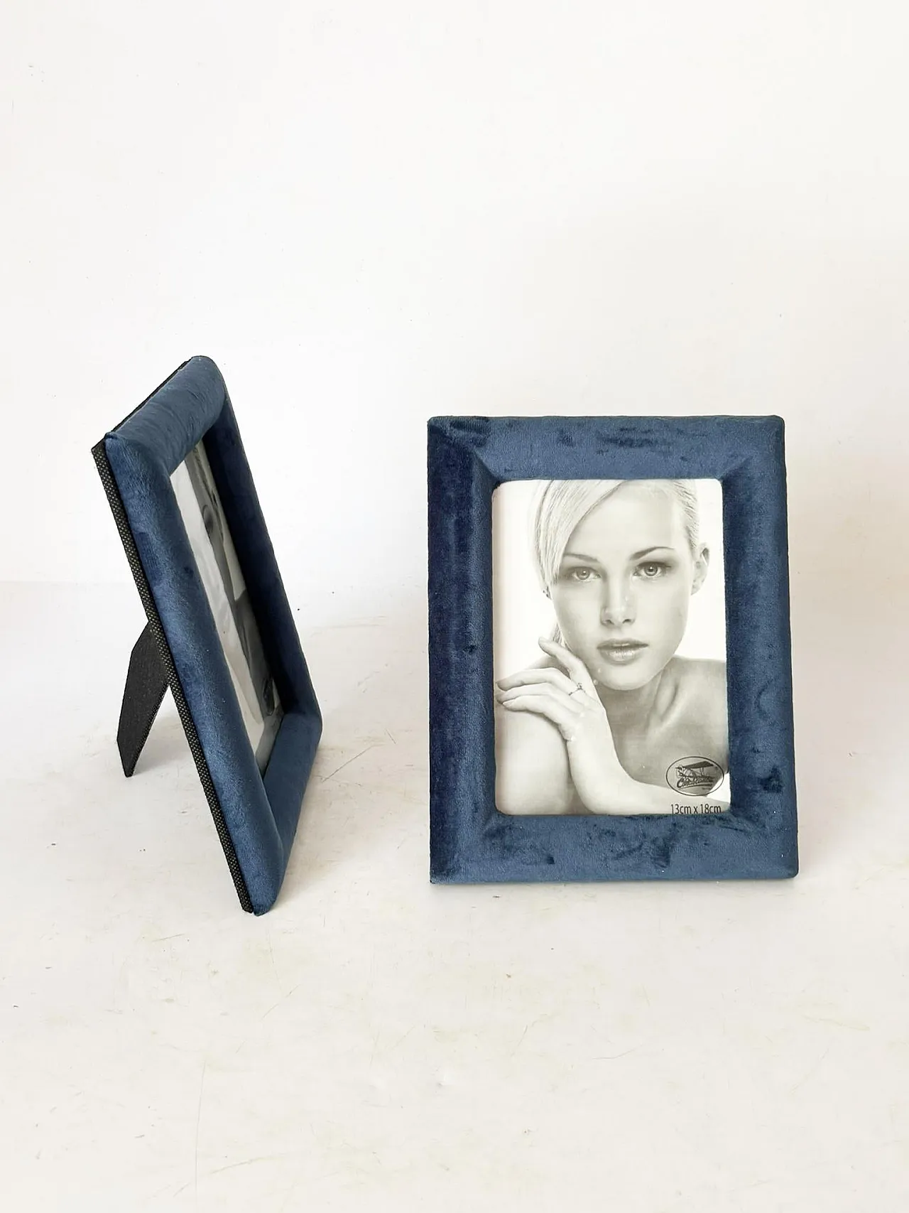 Pair of blue velvet and glass frames, 1990s 3