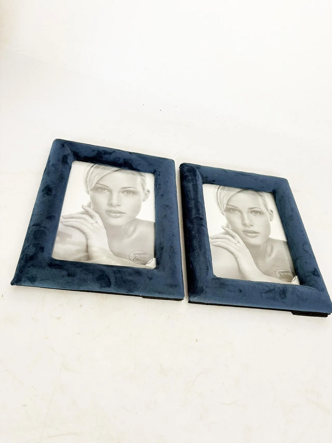 Pair of blue velvet and glass frames, 1990s 7