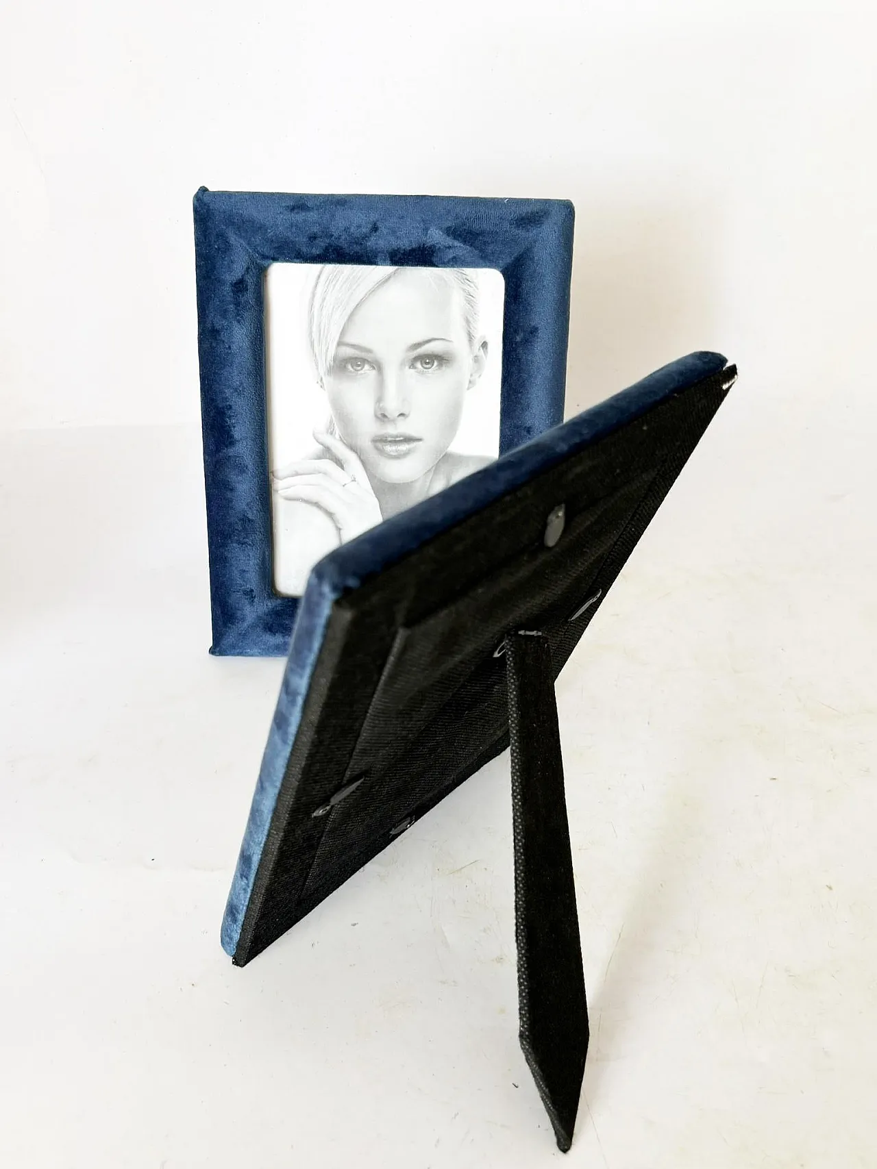 Pair of blue velvet and glass frames, 1990s 11