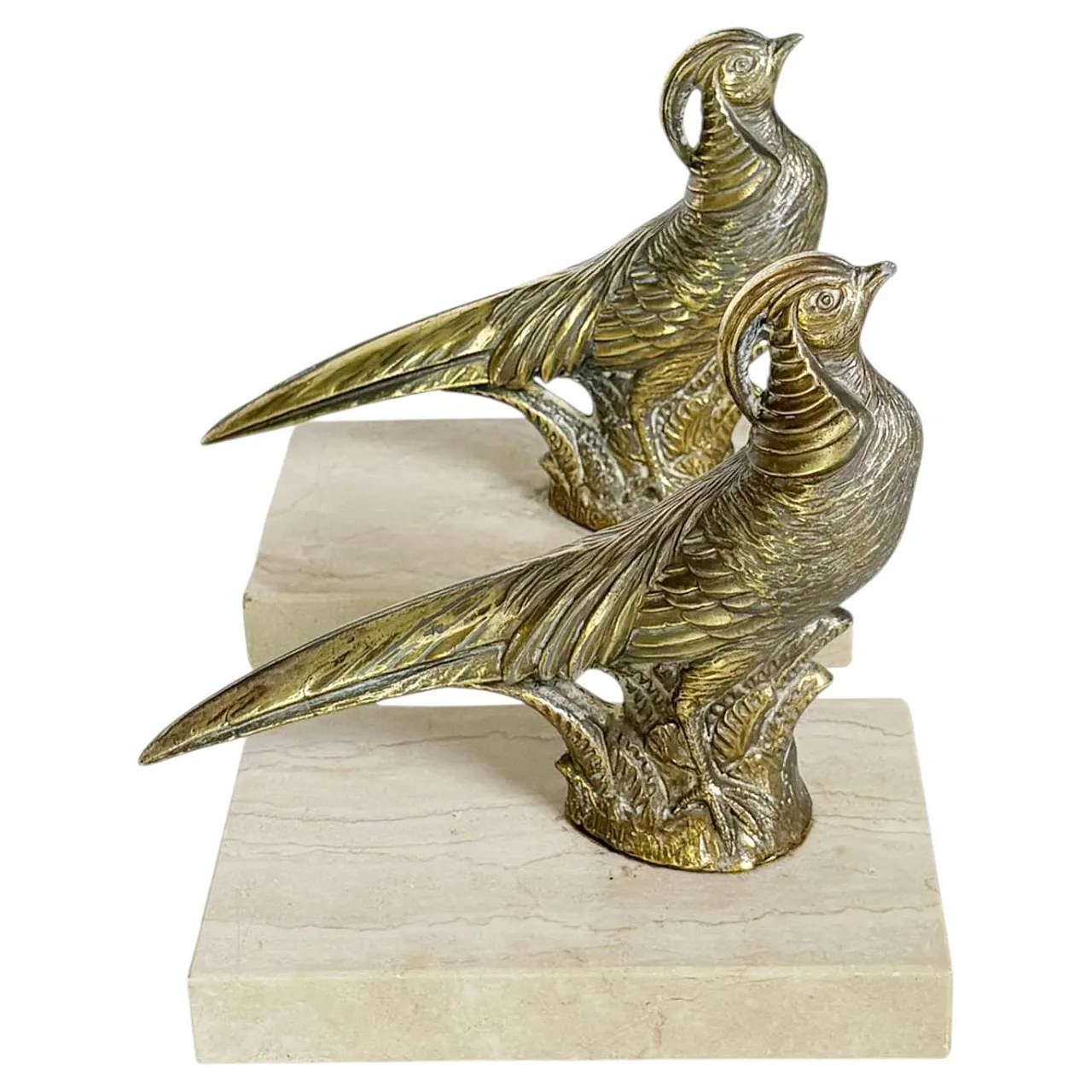 Pair of rooster bookends in marble and brass, 1950s 1