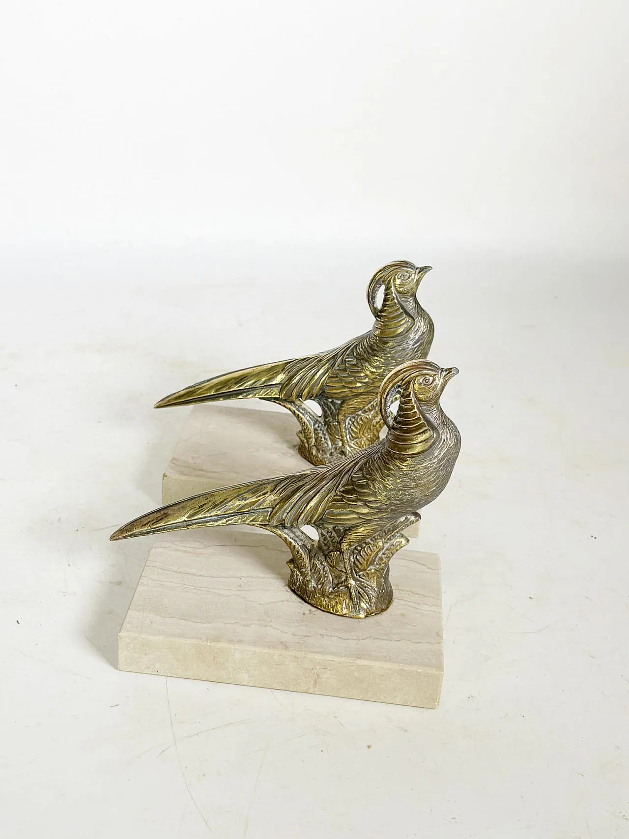 Pair of rooster bookends in marble and brass, 1950s 2