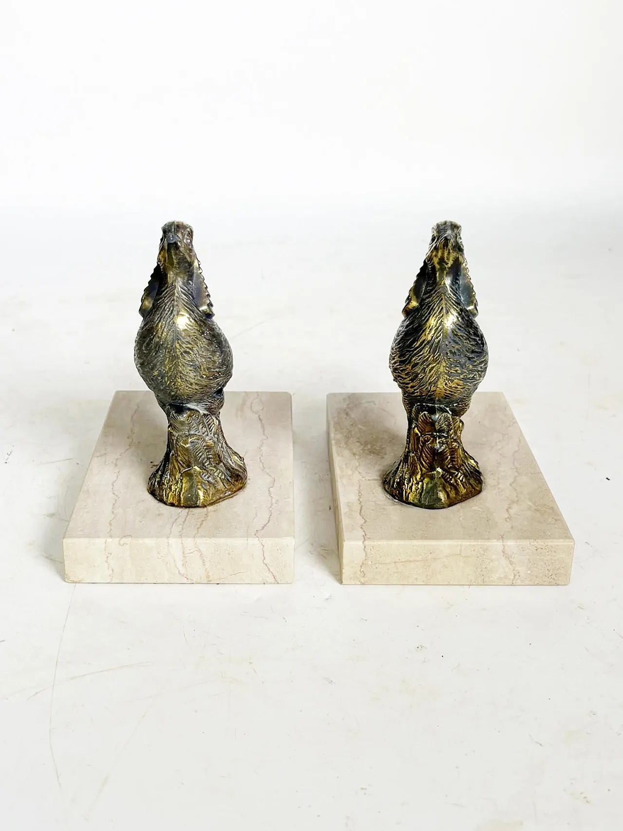 Pair of rooster bookends in marble and brass, 1950s 4