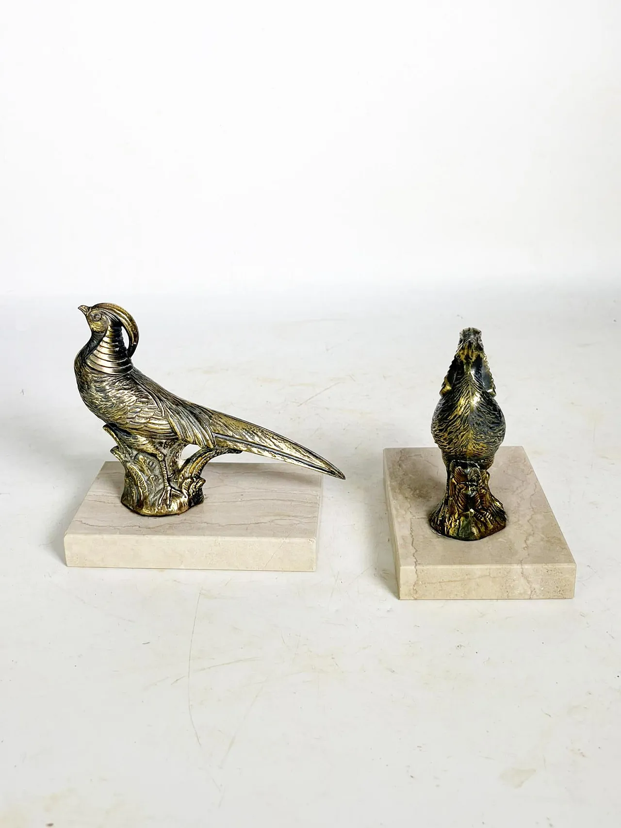 Pair of rooster bookends in marble and brass, 1950s 5