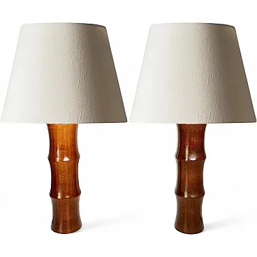 Coppia di lampade da tavolo cilindriche in legno, anni '90
