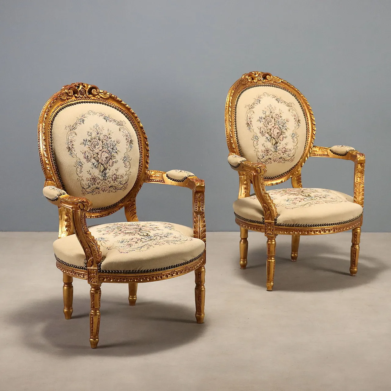 Pair of golden Neoclassical style armchairs, early 20th century 1