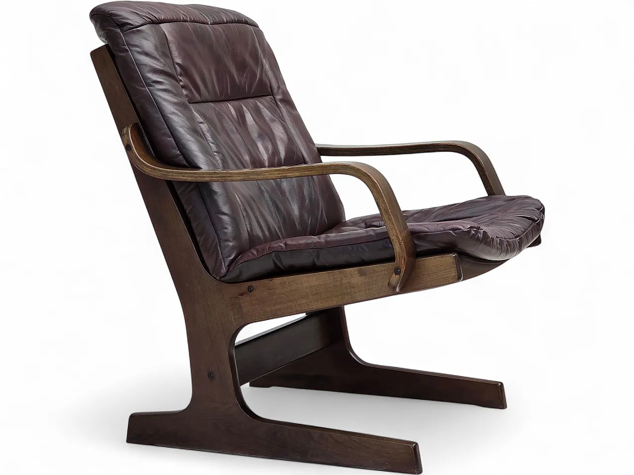 Poltrona scandinava, rivestimento in pelle marrone, anni '70 20