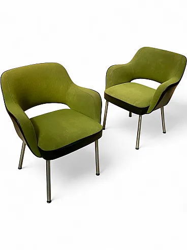 Pair of Mobiltecnica Torino armchairs, green fabric, black skai, 1970s