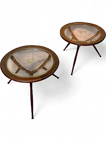 Pair of round Spider coffee tables, etched glass top, Italy, 1950s
