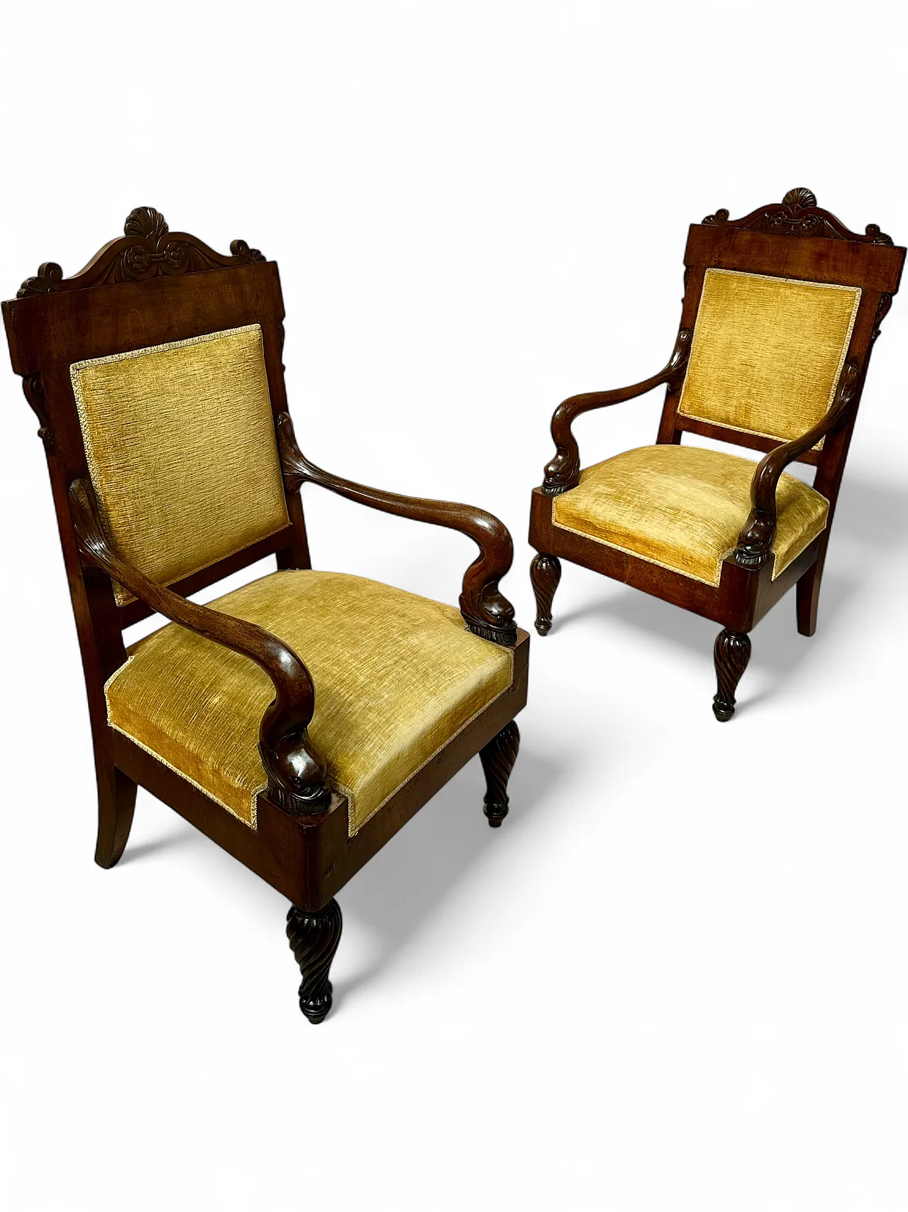 Large Pair of Armchairs with Dolphins, Mahogany, Empire, Genoa, early 19th century 21