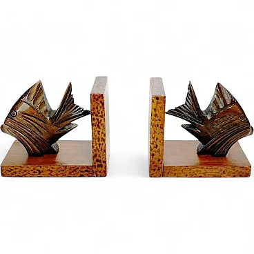 Pair of wooden bookends with fish decoration, 1960s