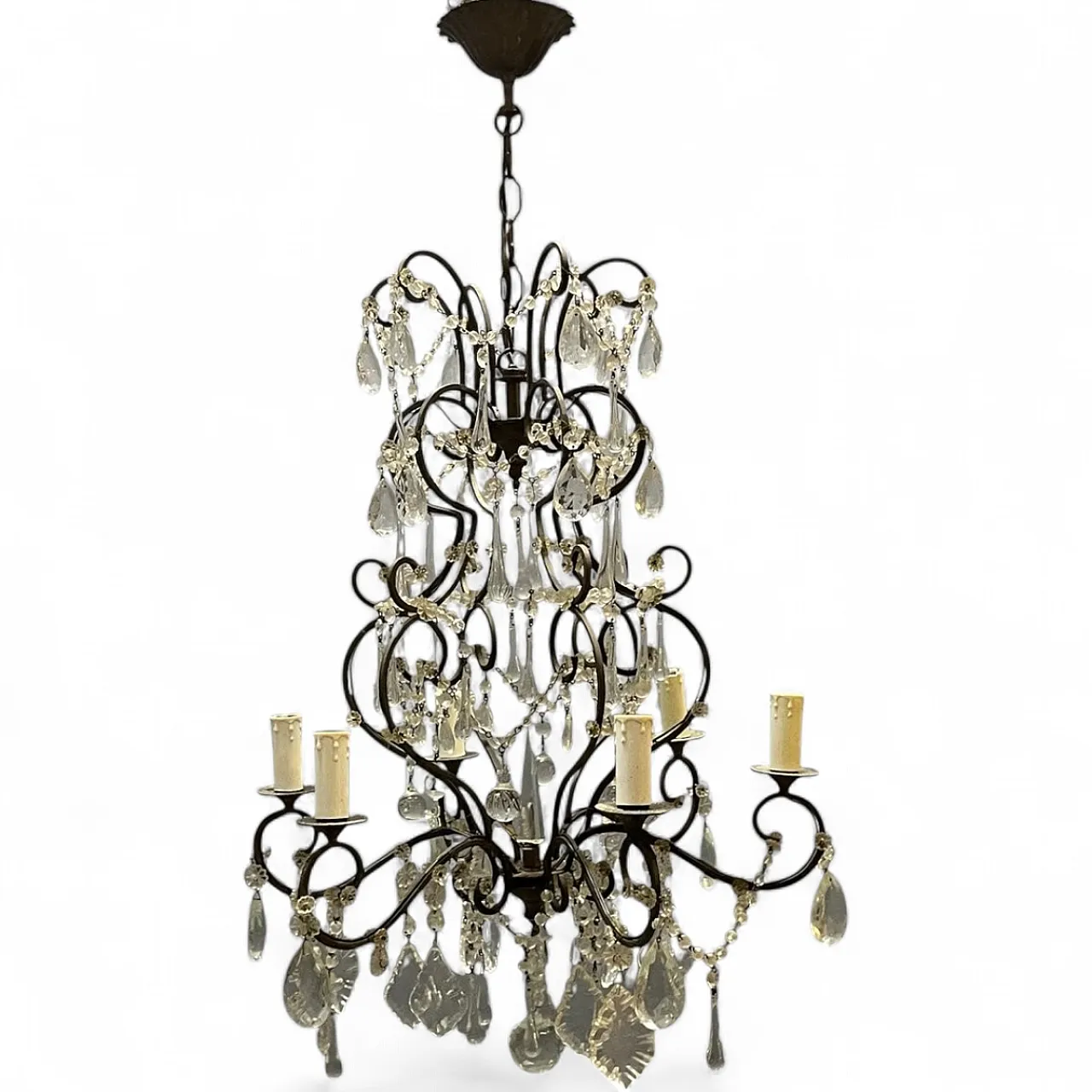 Mid-Century Modern Wrought Iron and Murano Glass Chandelier, Italy, 1950s 12