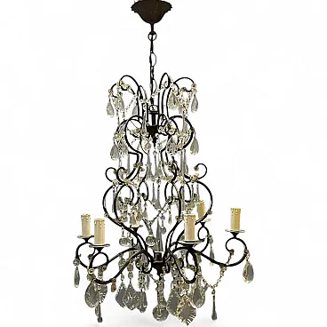 Mid-Century Modern Wrought Iron and Murano Glass Chandelier, Italy, 1950s