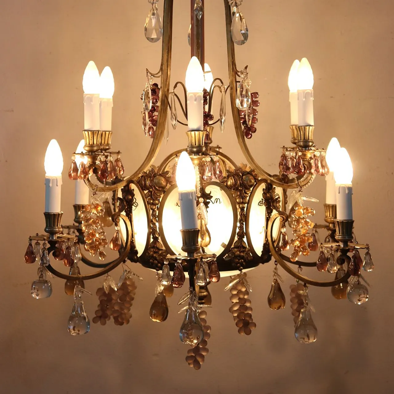 Bronze chandelier with fruit pendants, 19 lights, early 1900s 4
