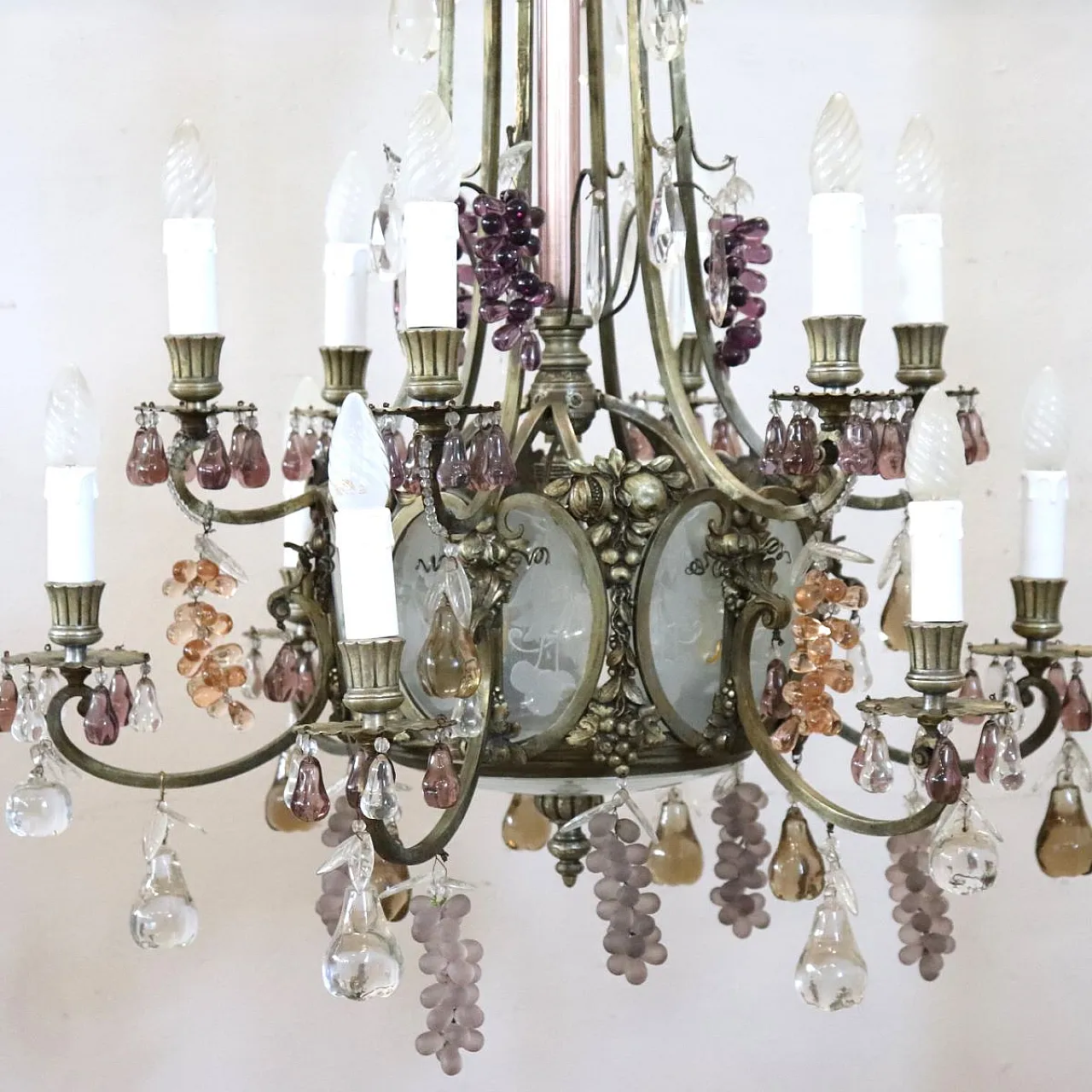 Bronze chandelier with fruit pendants, 19 lights, early 1900s 6