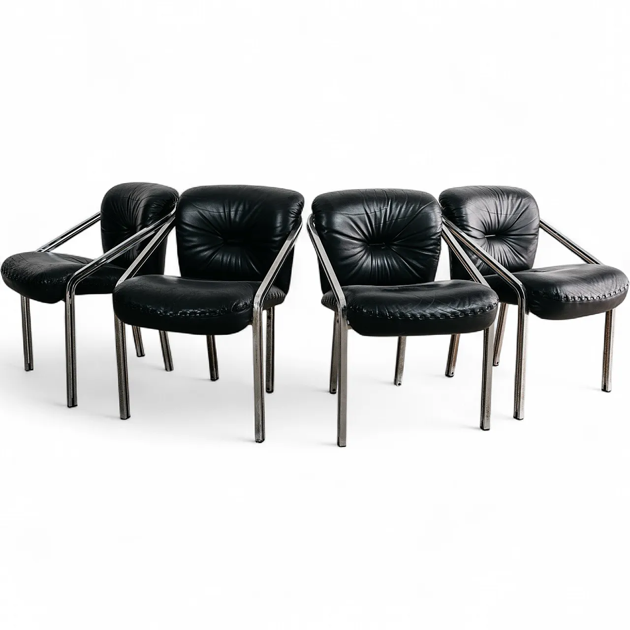 4 Armchairs by Mobil Girgi  in Steel and Leather, 1950s 17