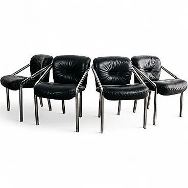4 Armchairs by Mobil Girgi  in Steel and Leather, 1950s