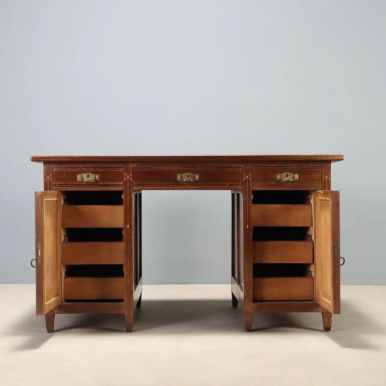 Liberty mahogany desk with leather and inlays, early 20th century 3