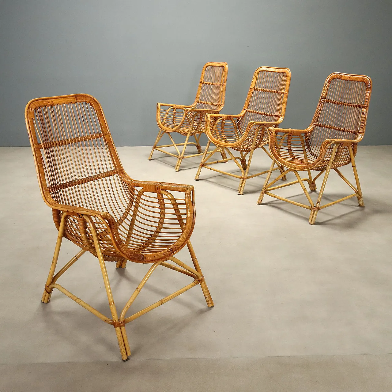 4 Rattan and bamboo armchairs, 1970s 1