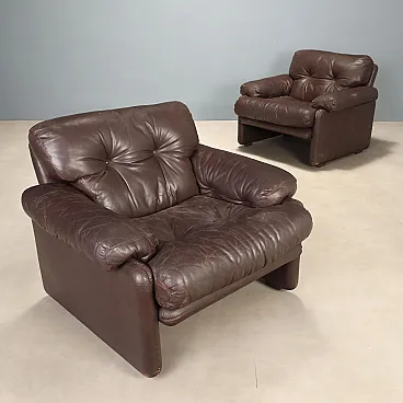 Pair of Coronado armchairs in brown leather, 1970s