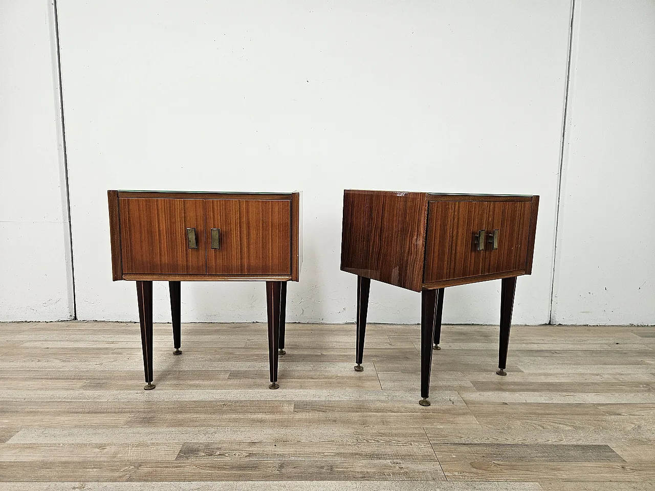 1960s walnut-clad bedside tables with glass tops 1