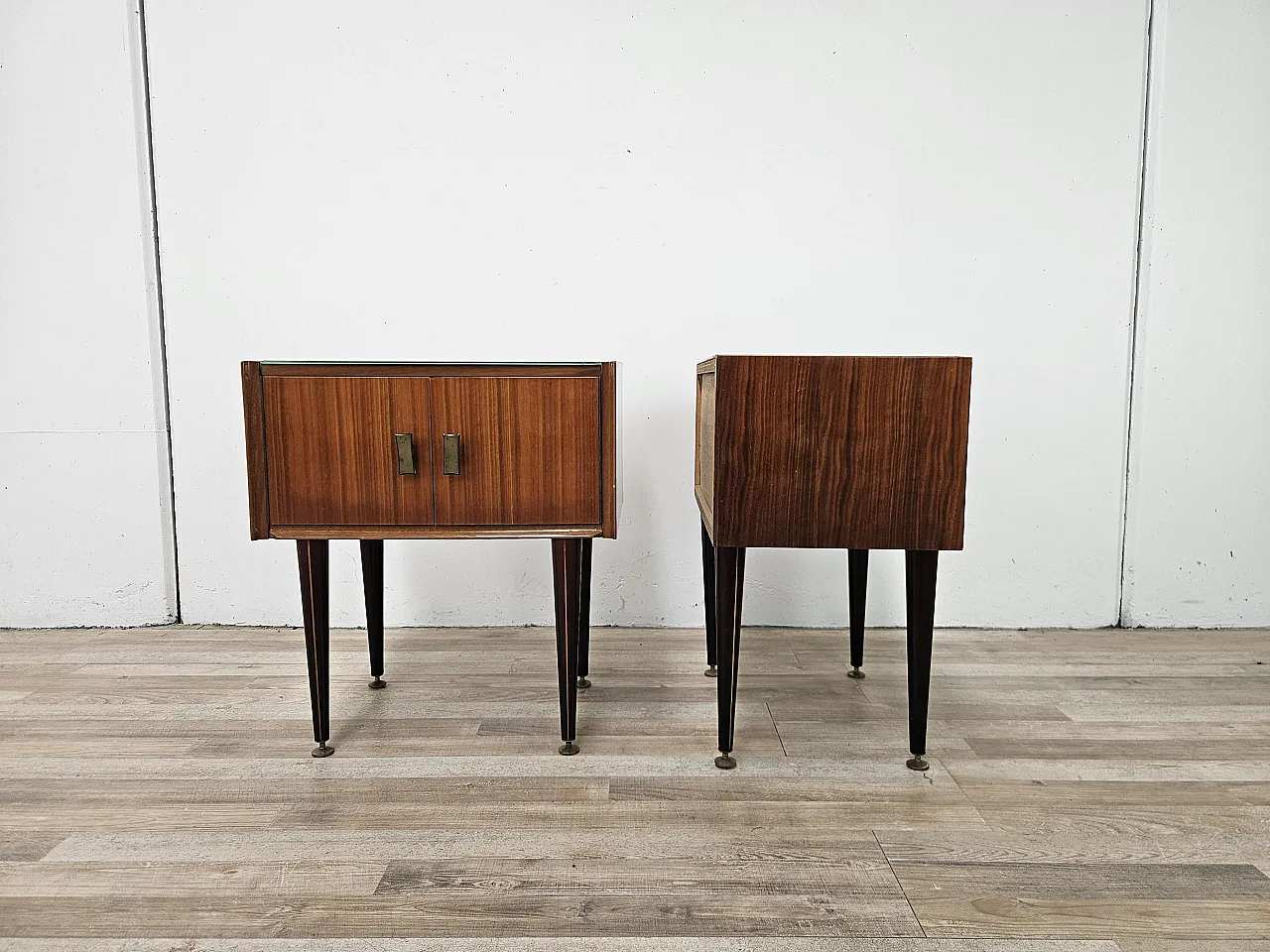 1960s walnut-clad bedside tables with glass tops 2