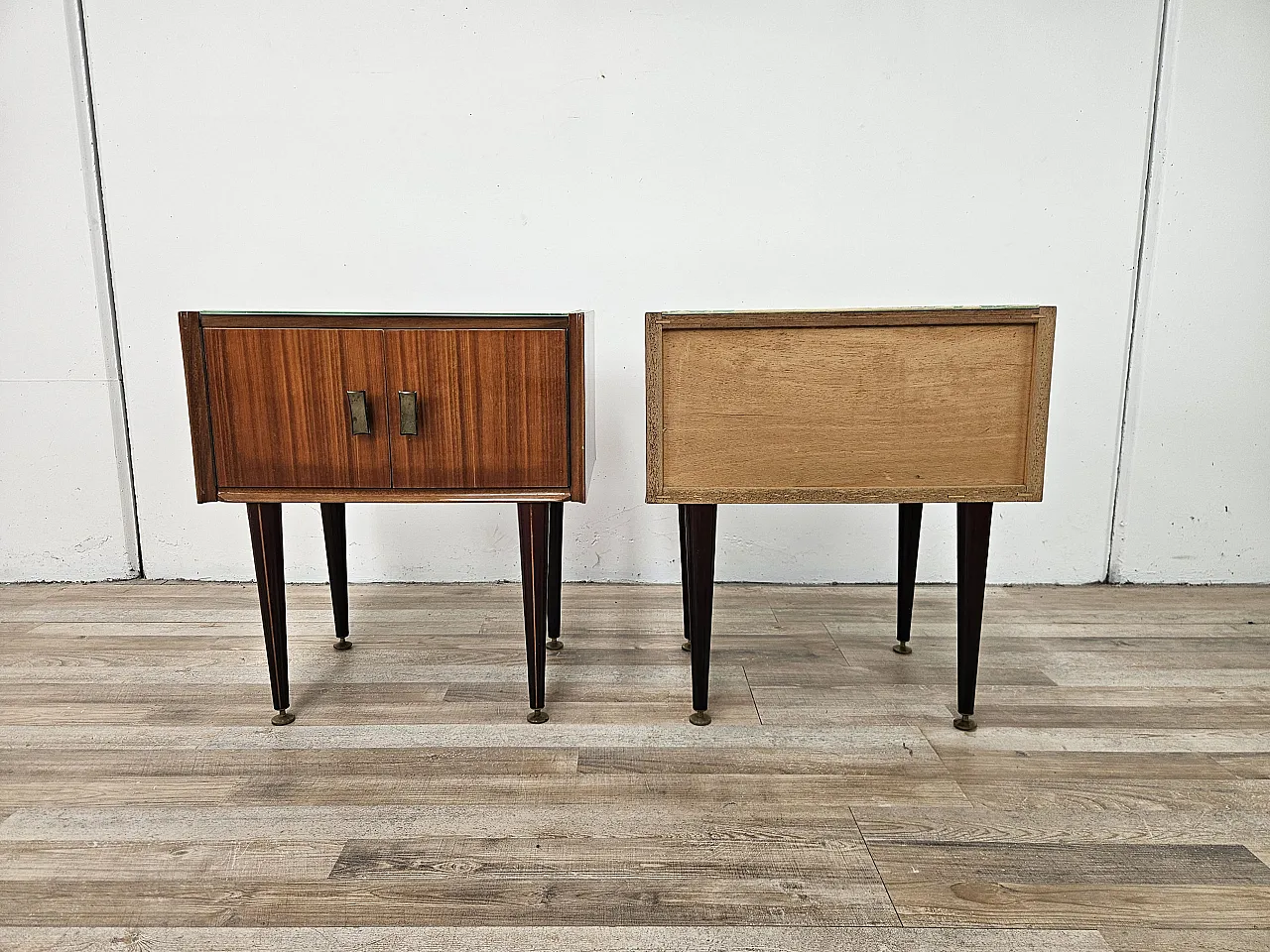 1960s walnut-clad bedside tables with glass tops 3