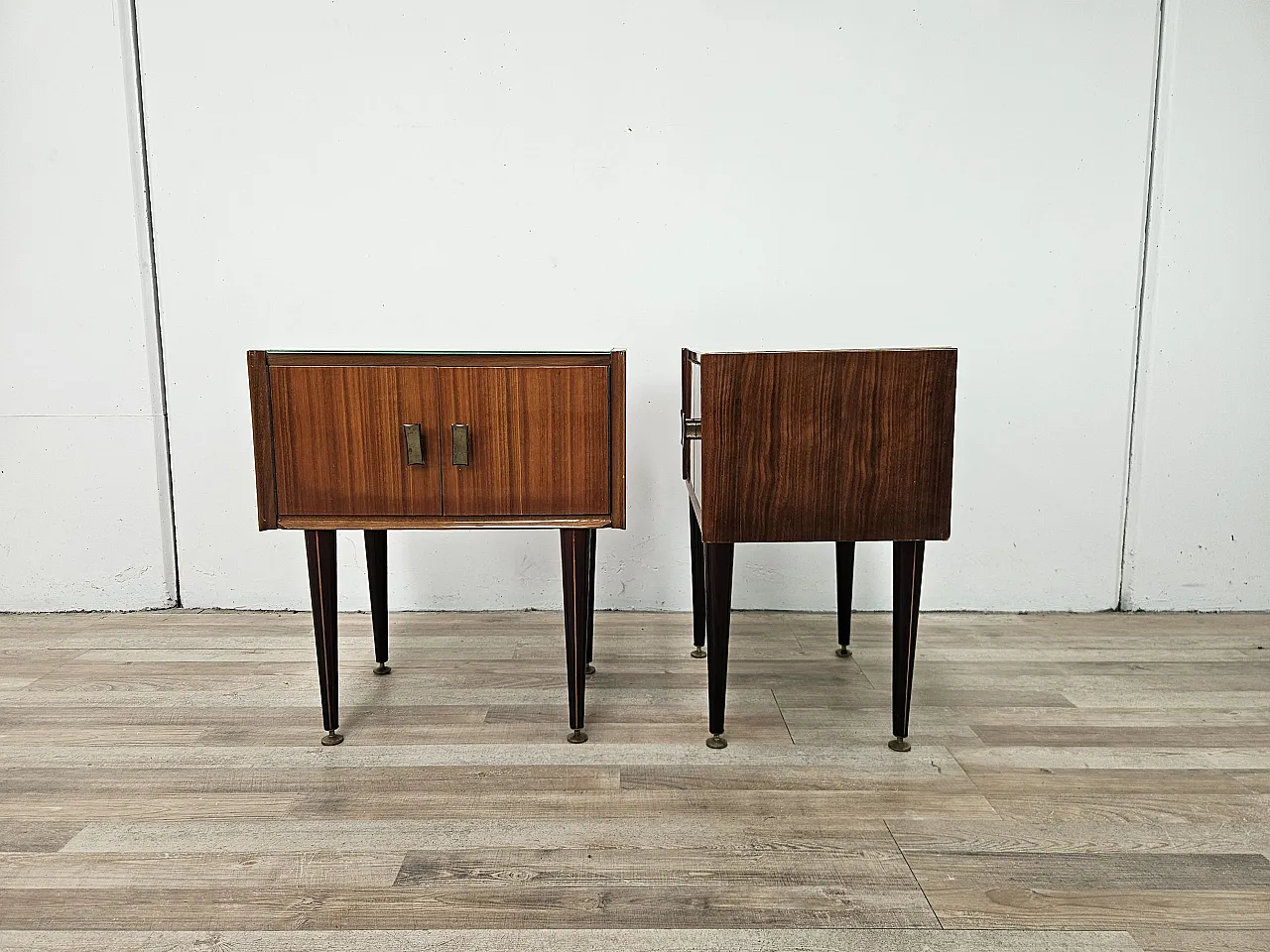 1960s walnut-clad bedside tables with glass tops 4