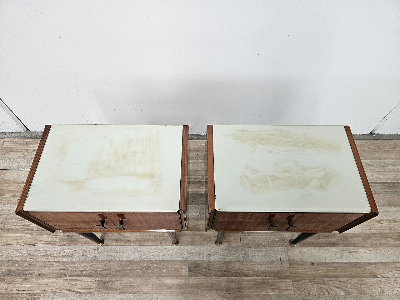1960s walnut-clad bedside tables with glass tops 5
