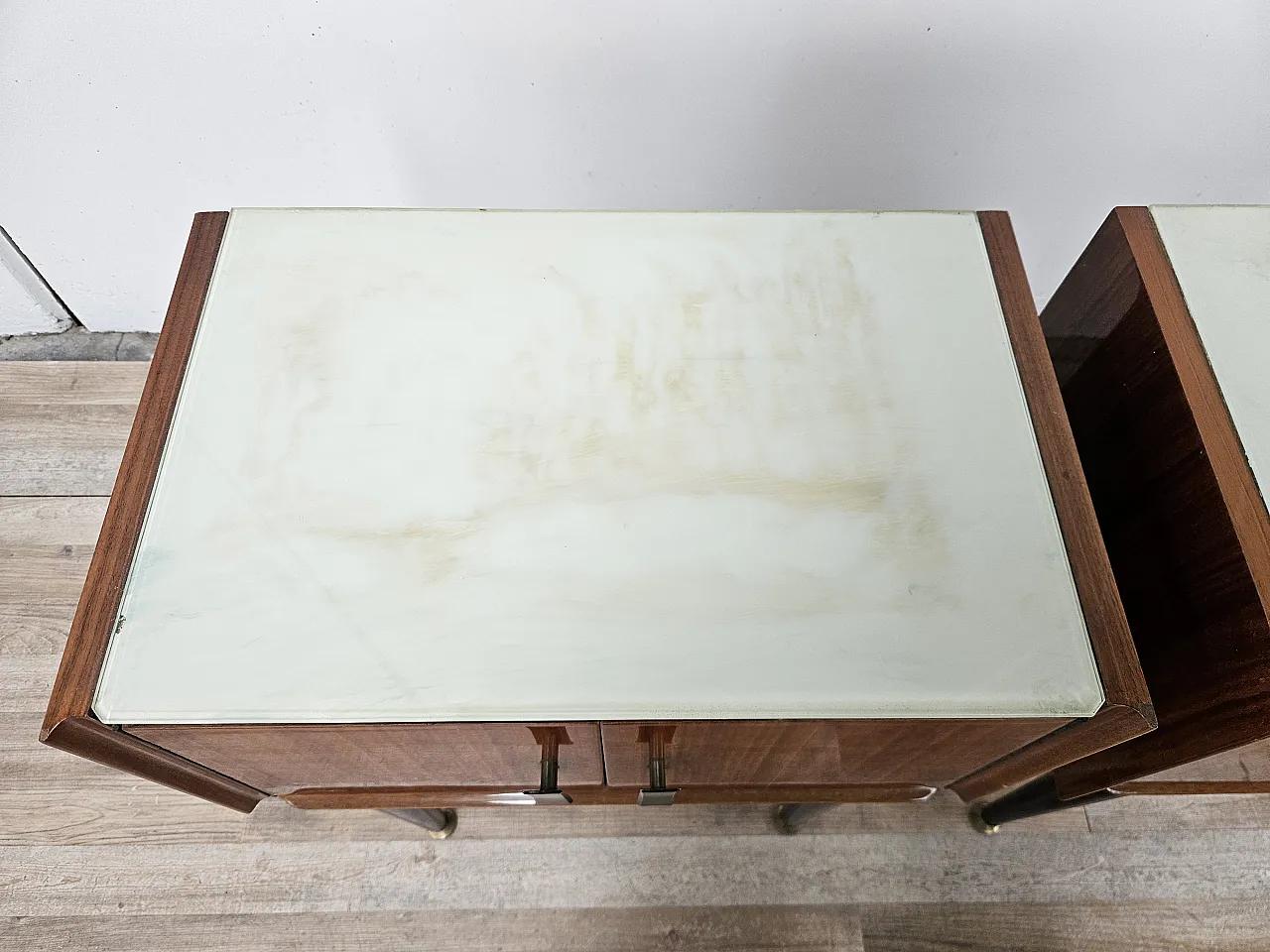 1960s walnut-clad bedside tables with glass tops 6