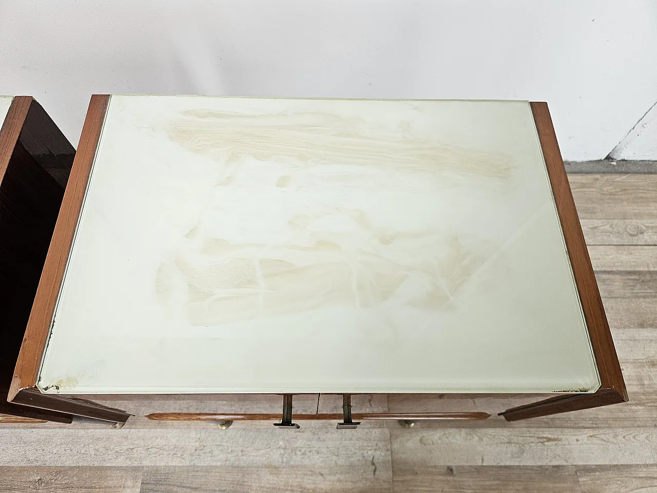 1960s walnut-clad bedside tables with glass tops 7
