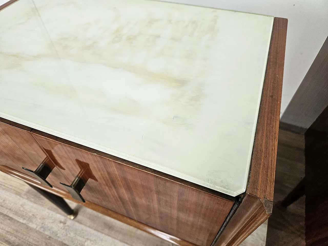 1960s walnut-clad bedside tables with glass tops 8