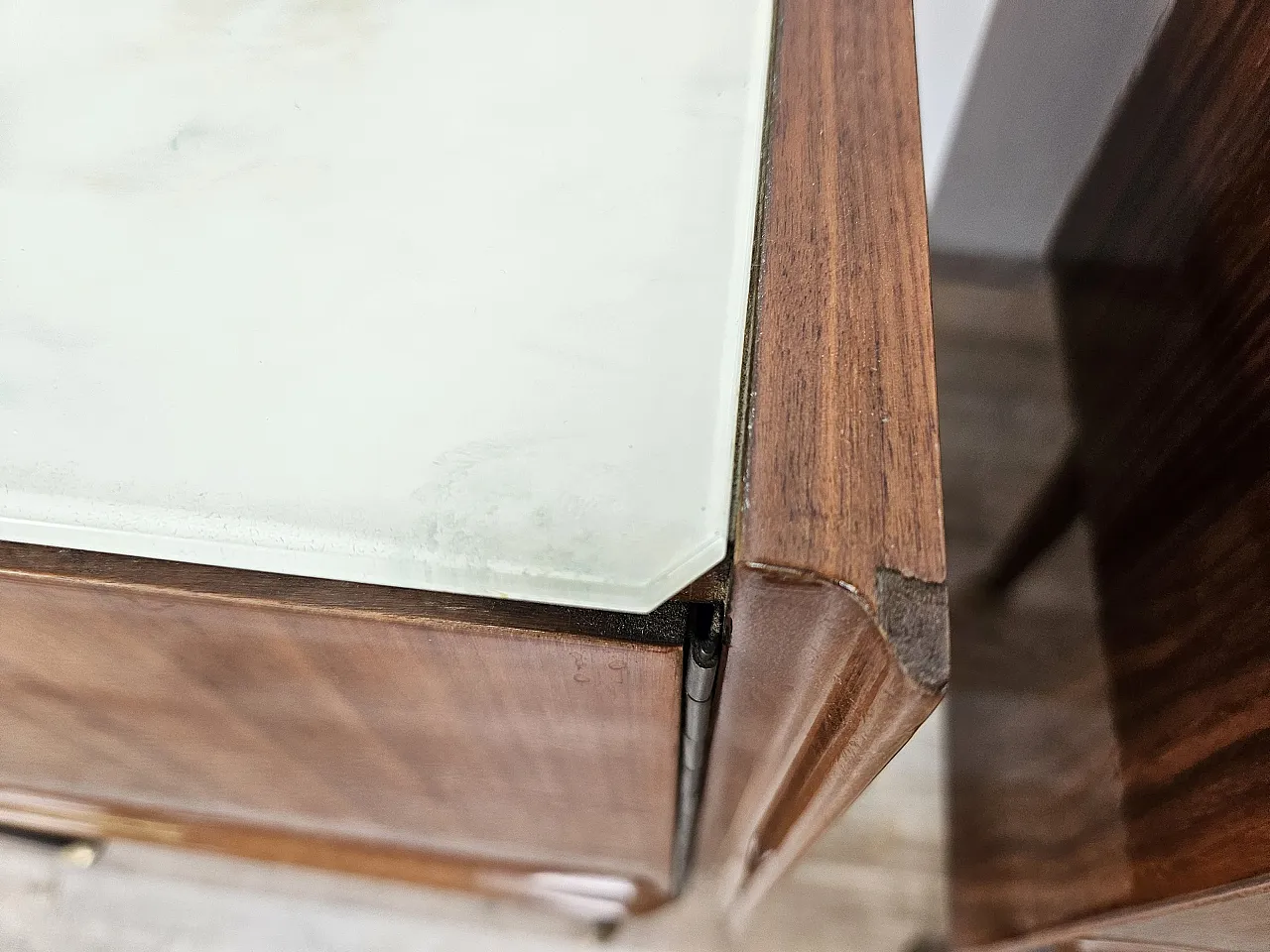 1960s walnut-clad bedside tables with glass tops 9