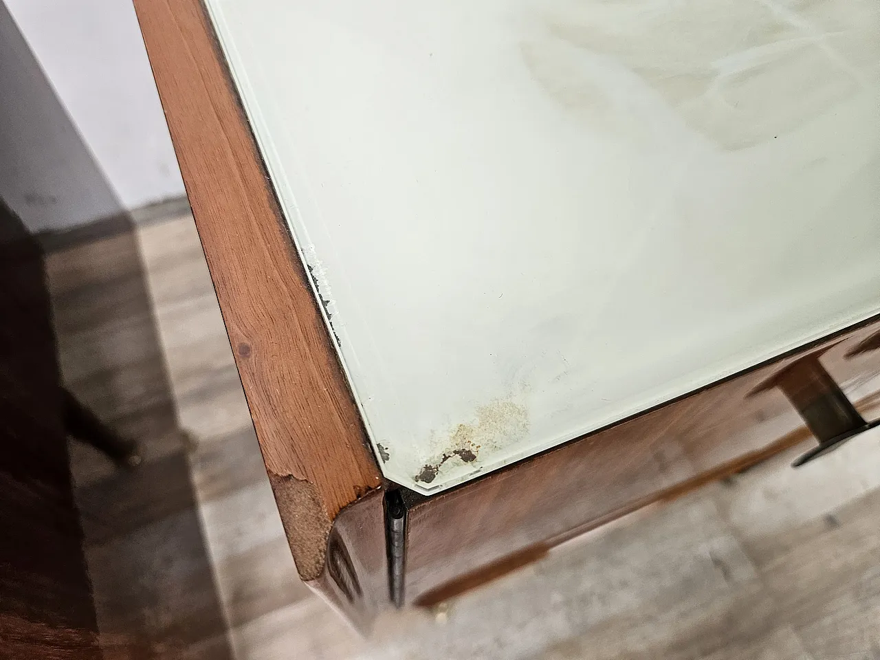 1960s walnut-clad bedside tables with glass tops 10