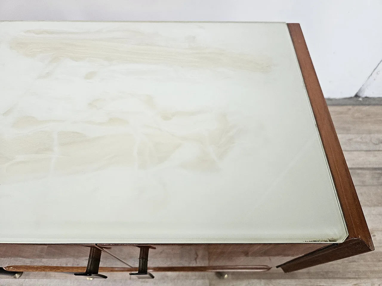 1960s walnut-clad bedside tables with glass tops 11