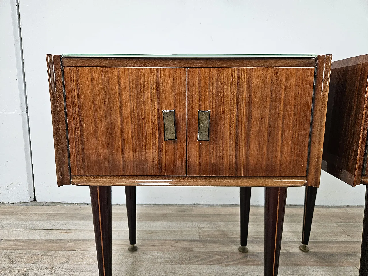 1960s walnut-clad bedside tables with glass tops 13