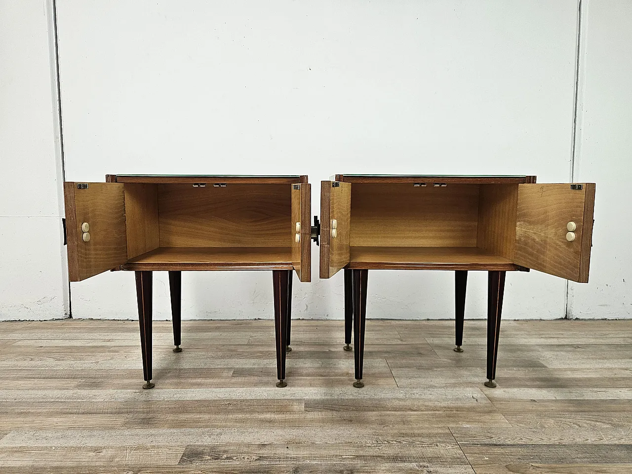 1960s walnut-clad bedside tables with glass tops 15