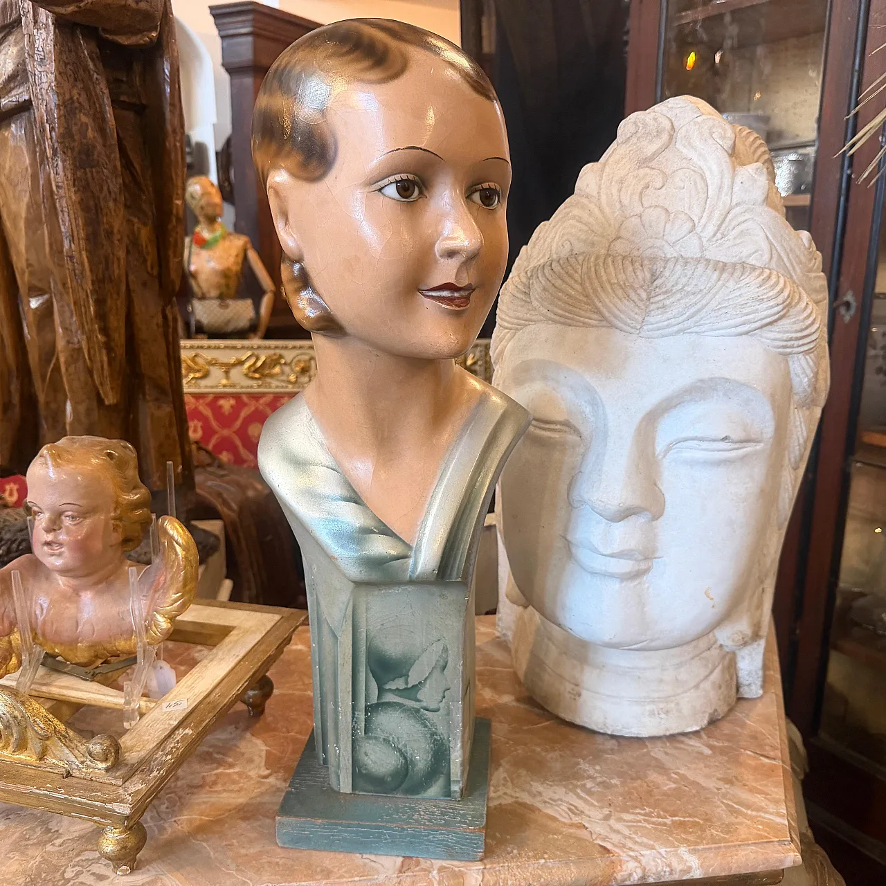 Busto di donna Art Nouveau con occhi in cartapesta e vetro, primo '900 4
