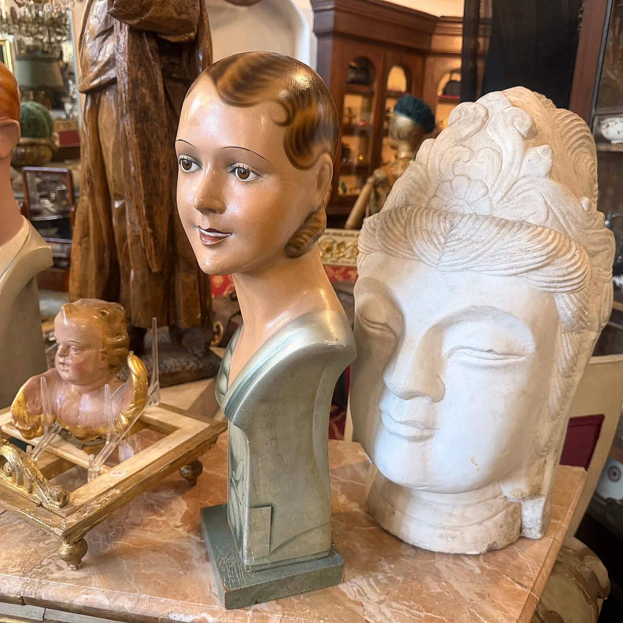 Busto di donna Art Nouveau con occhi in cartapesta e vetro, primo '900 5