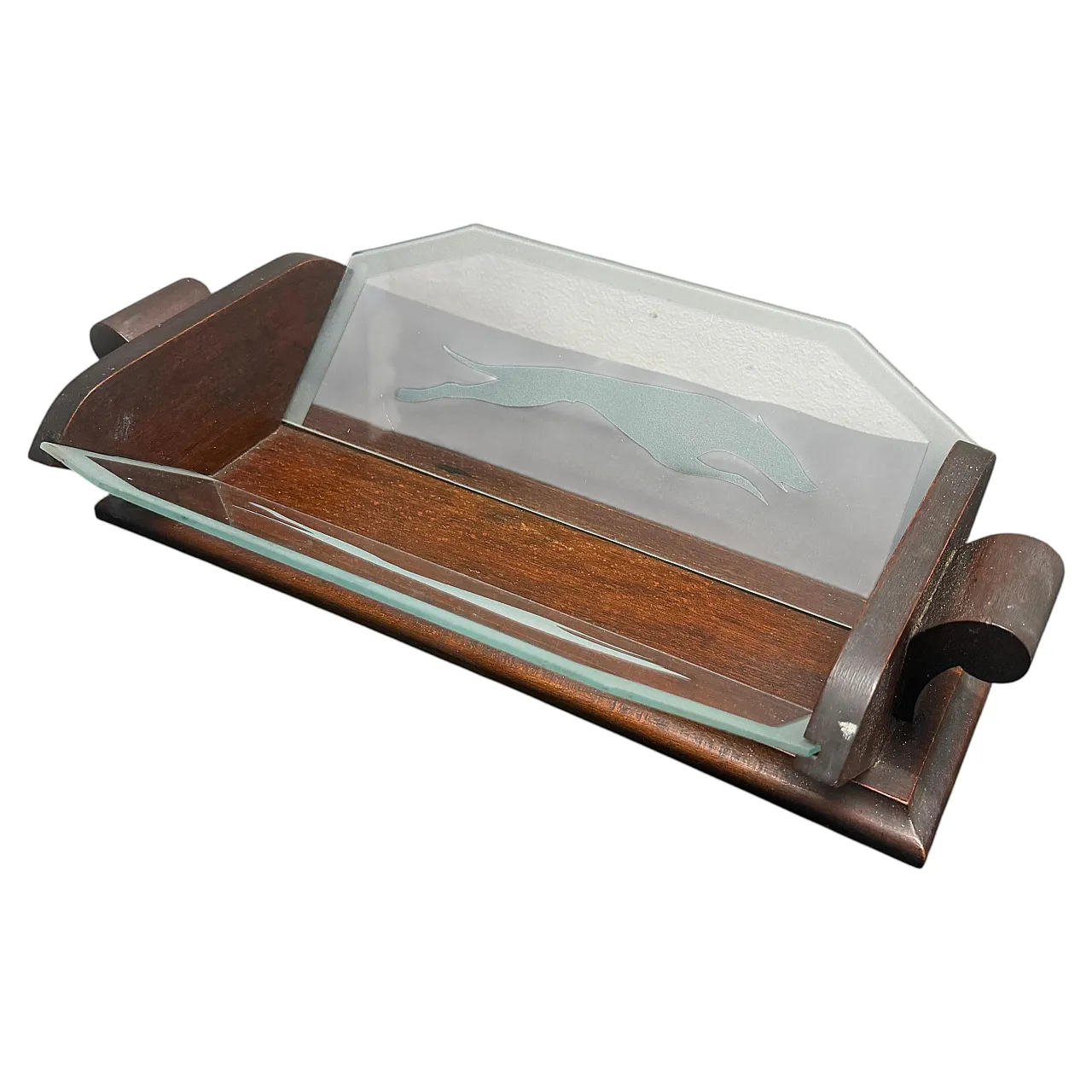Art Deco wood and greyhounds etched glass centerpiece, 1930s 1