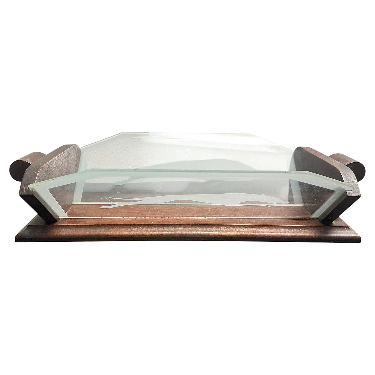 Art Deco wood and greyhounds etched glass centerpiece, 1930s 2