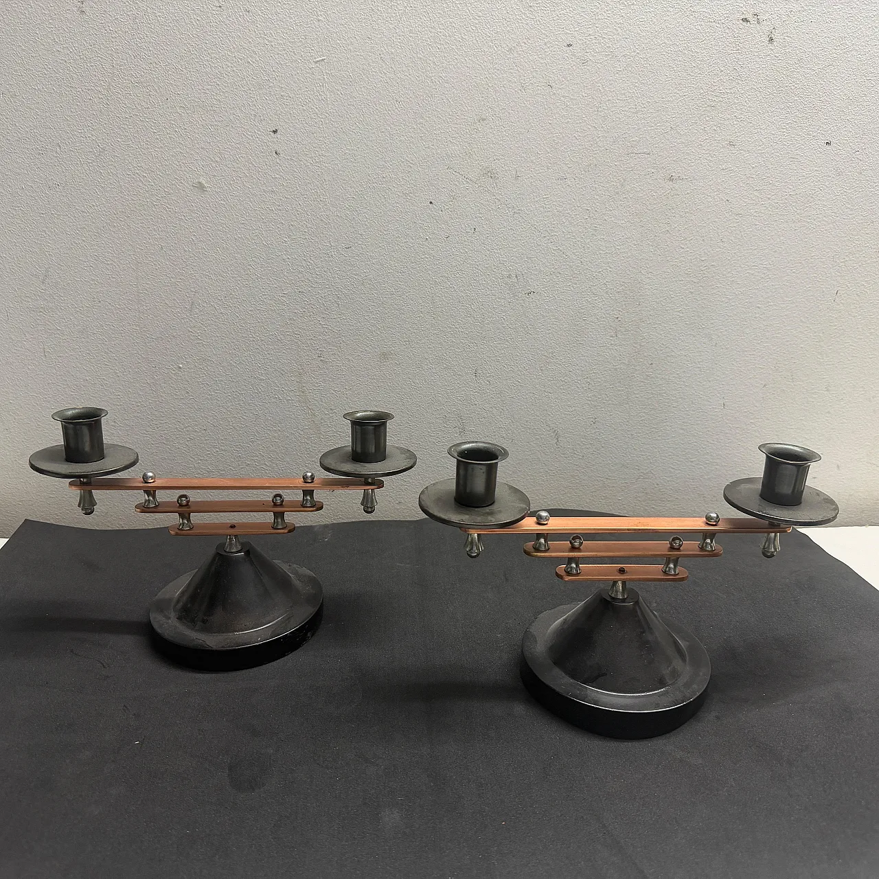 Pair of silver plated and copper two lights candelabras, 1930s 3