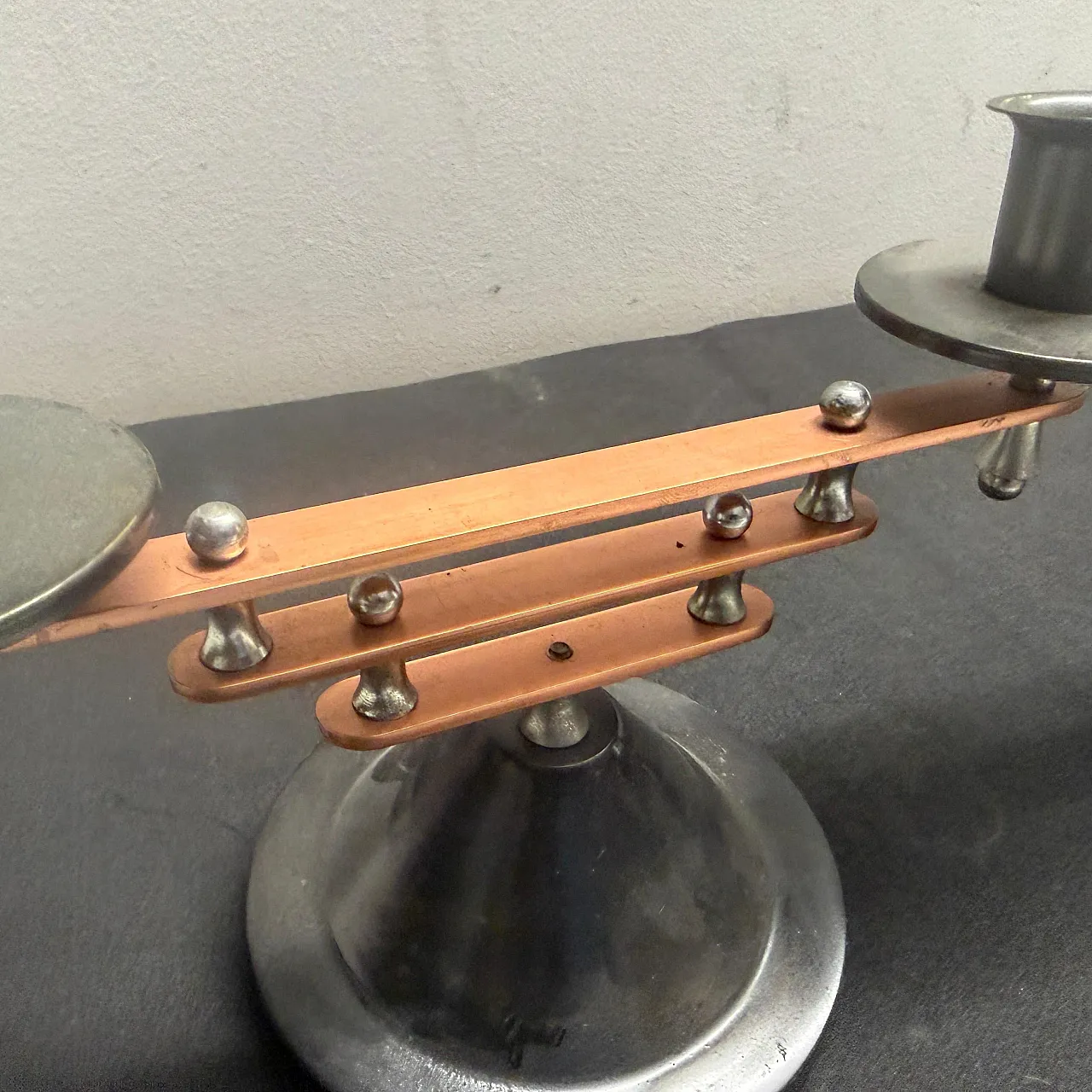 Pair of silver plated and copper two lights candelabras, 1930s 4