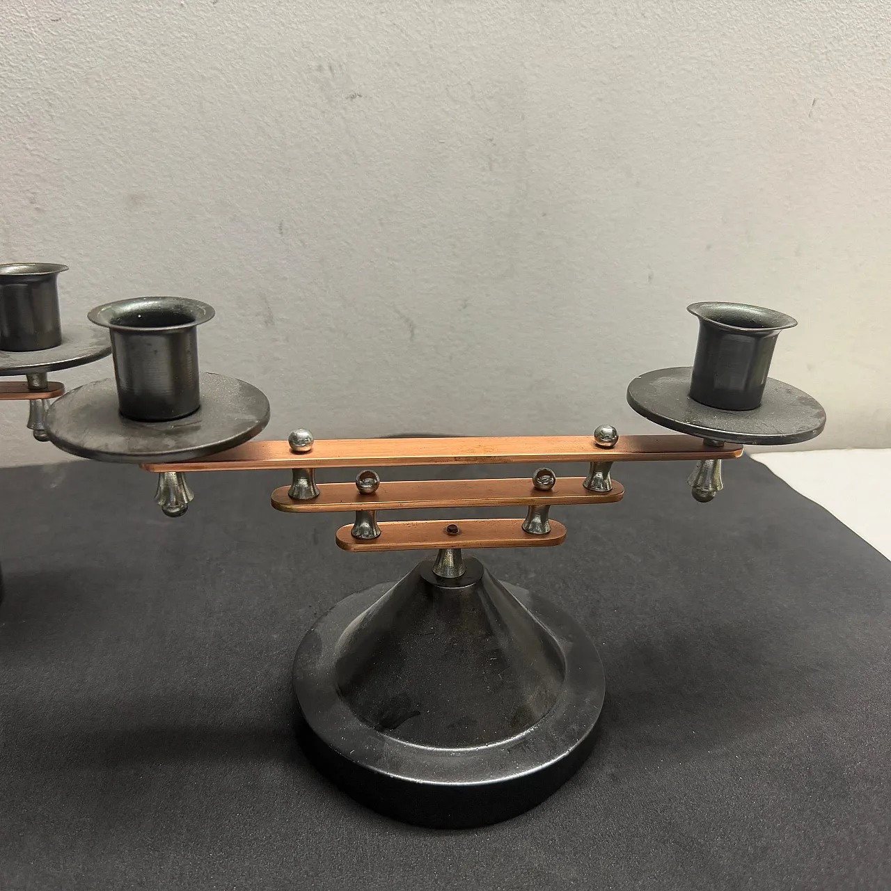 Pair of silver plated and copper two lights candelabras, 1930s 7
