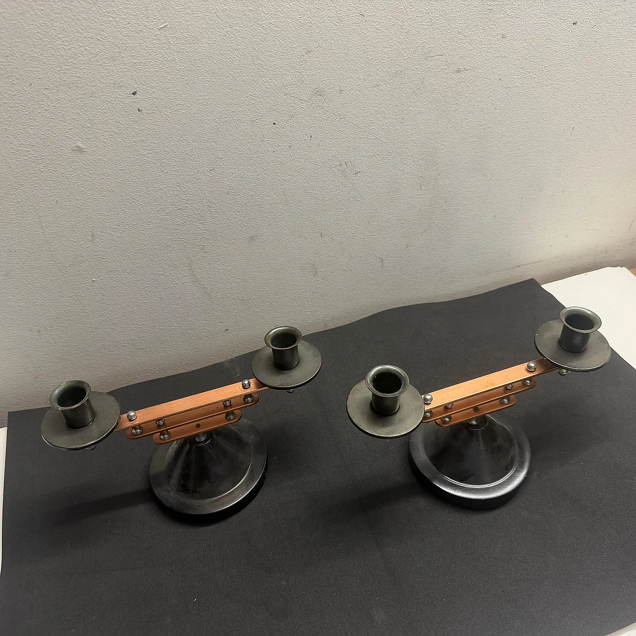 Pair of silver plated and copper two lights candelabras, 1930s 8